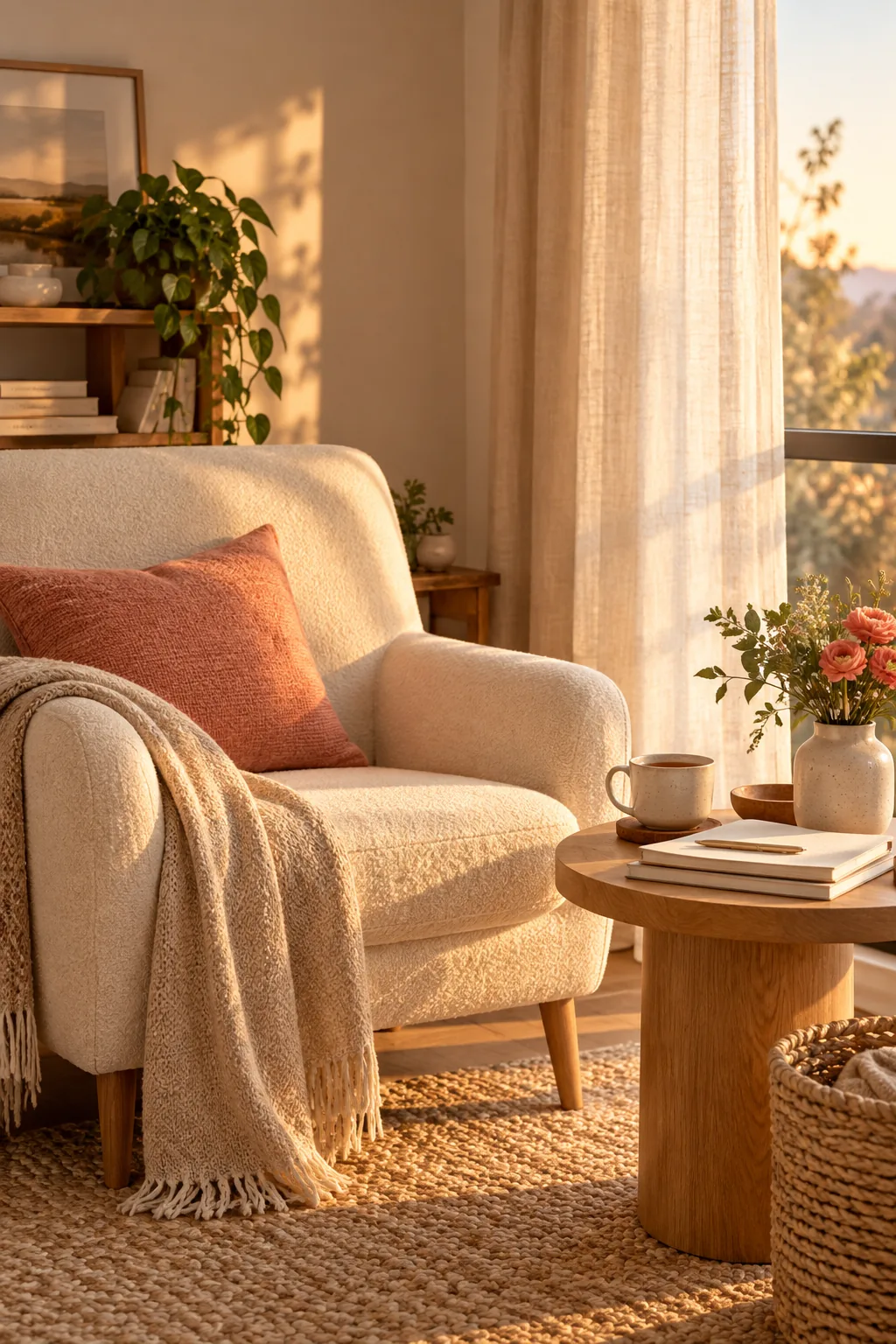 A quiet living room with tea and organized papers