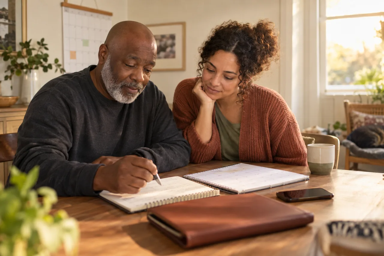 An adult and caregiver organizing their next steps with a calendar