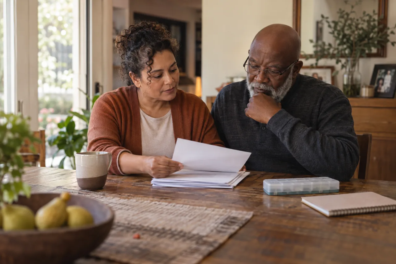 An adult and caregiver reviewing discharge papers together at home