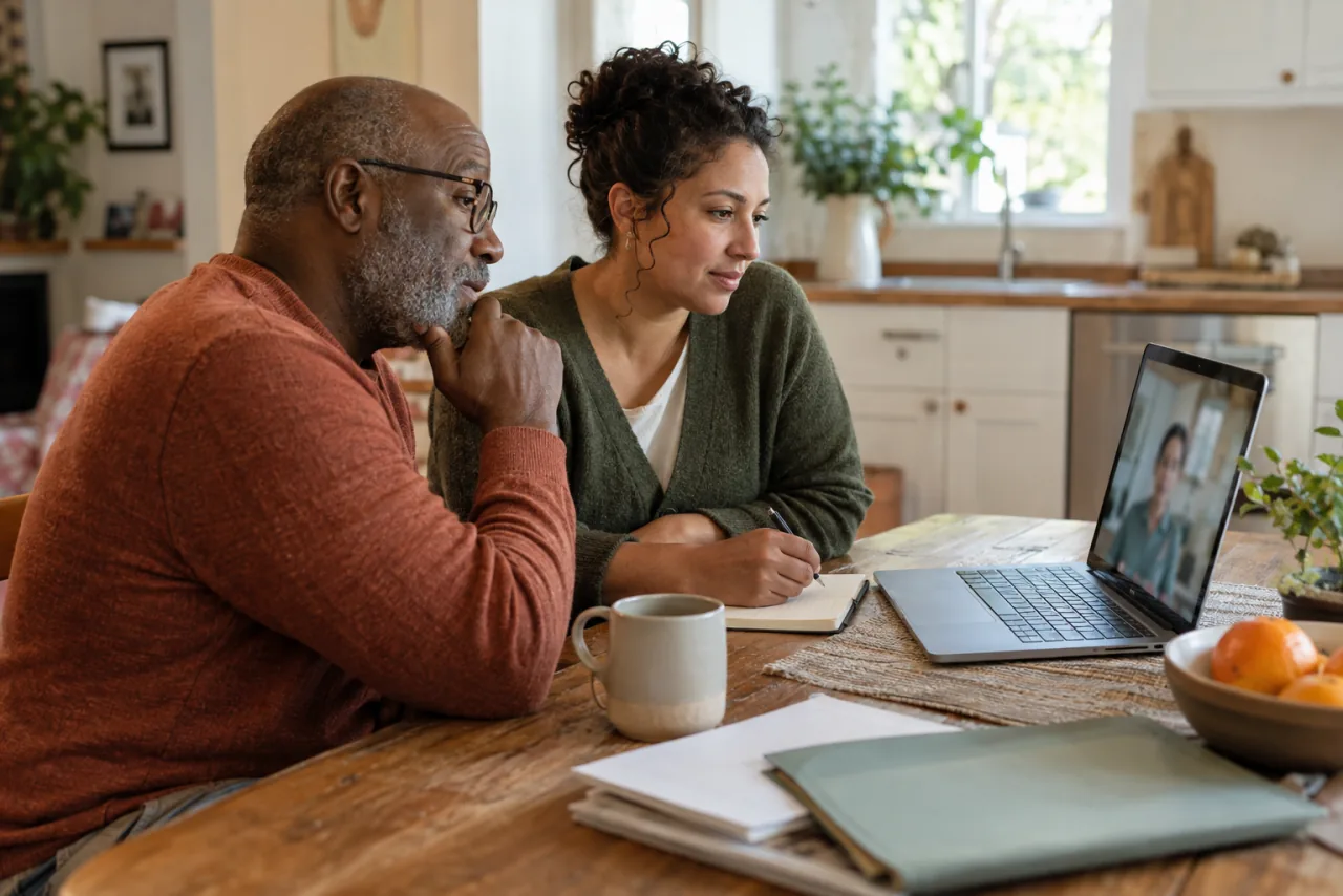 An adult and caregiver taking part in a virtual planning conversation